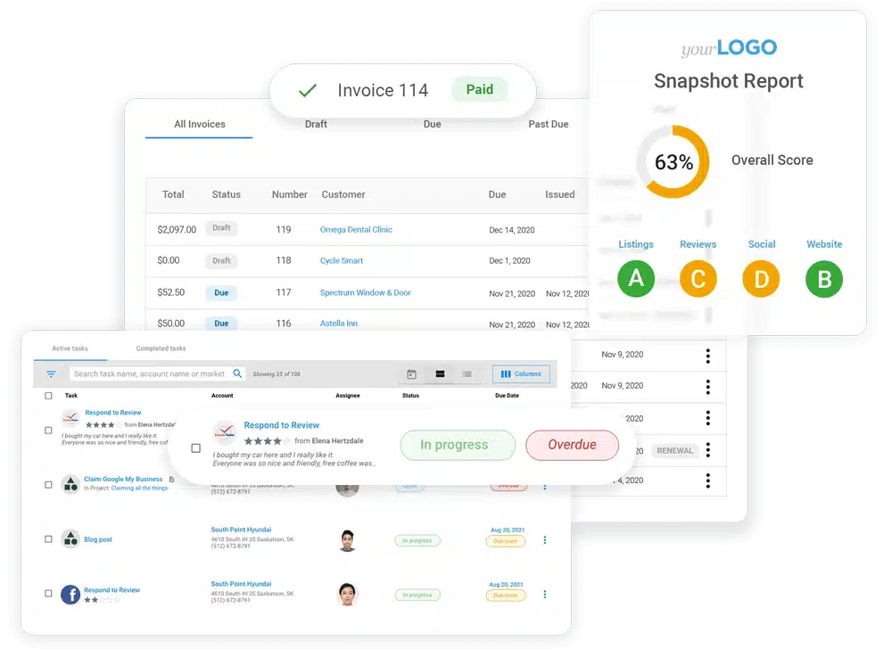 Unified platform showing invoices, multi-account tasks, active campaigns, and a Snapshot Report — all in one branded portal