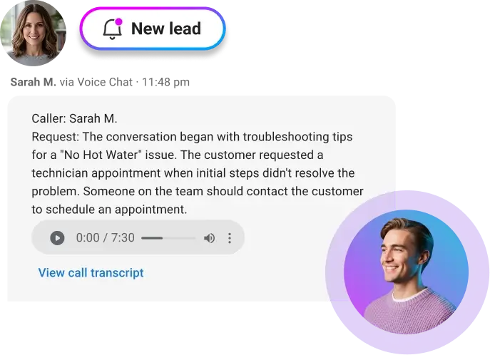 AI Receptionist captures Sarah M's after-hours call about a no-hot-water issue, transcribes it, and queues a technician appointment