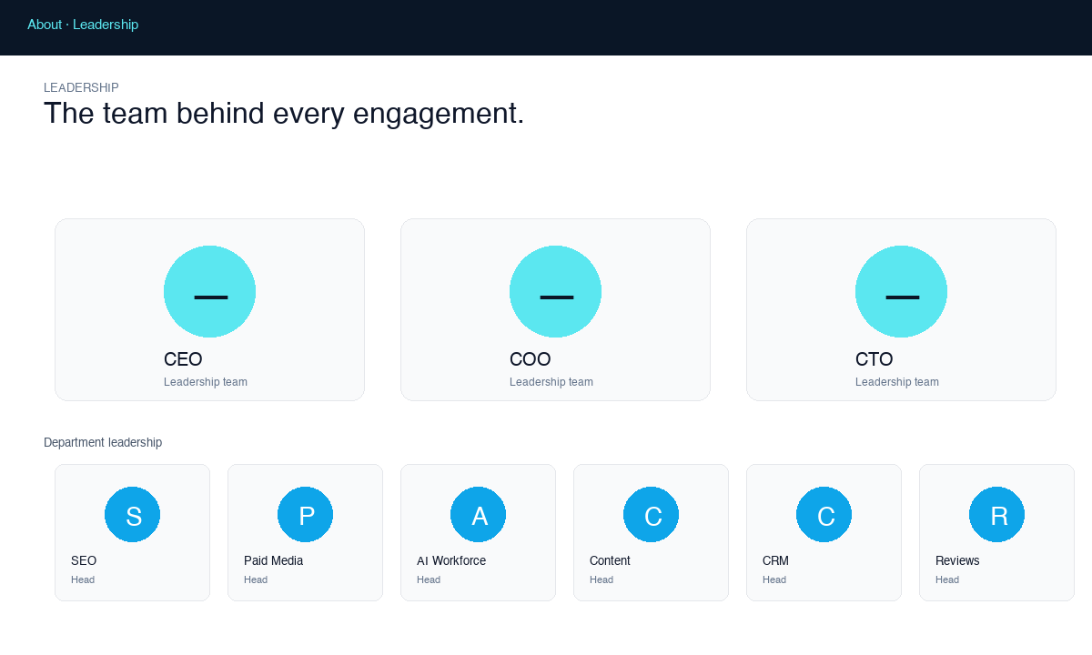 Leadership — The team behind every engagement.