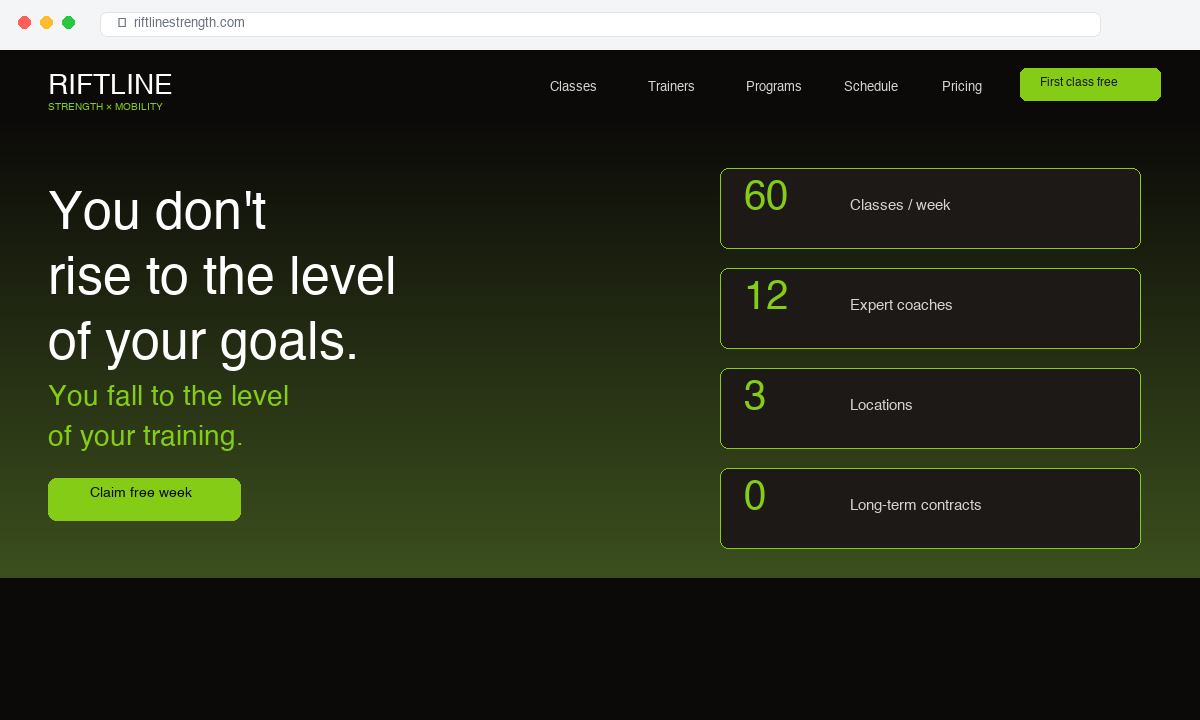 Riftline Strength fitness wellness website mockup
