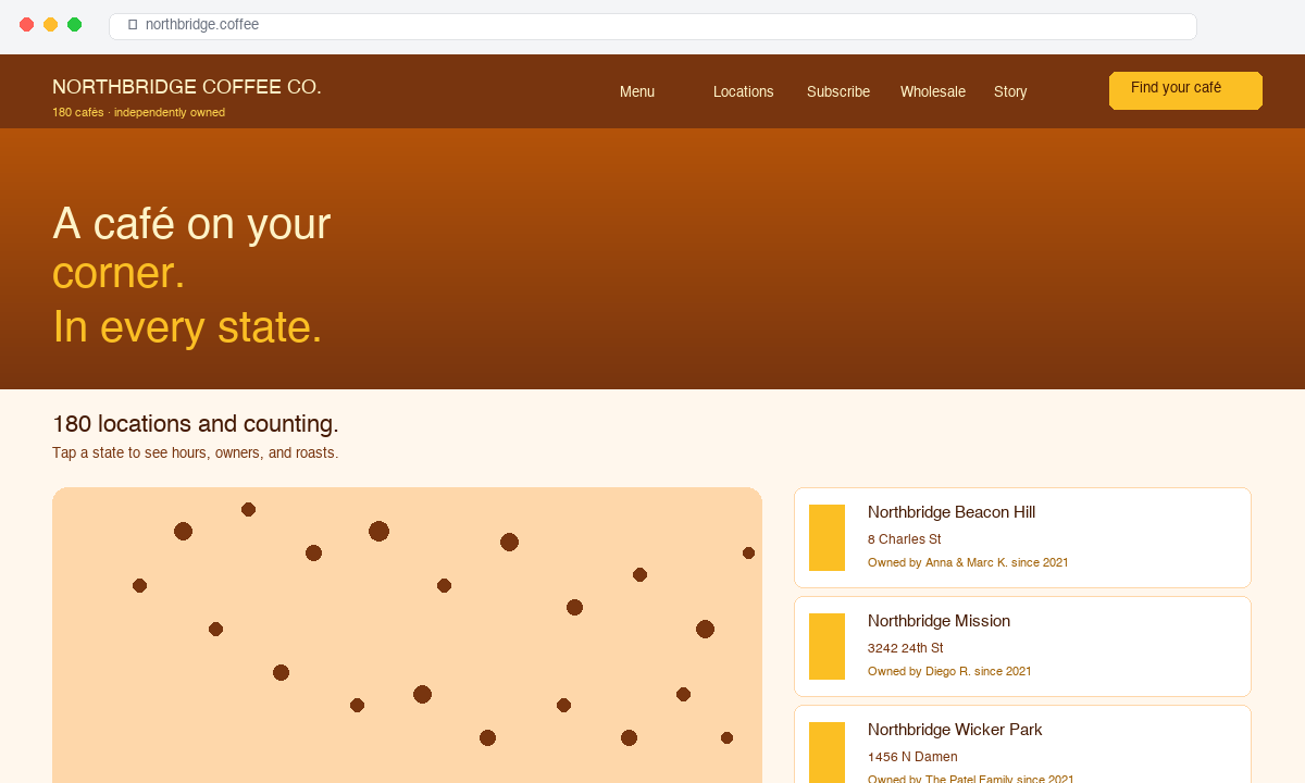 Northbridge Coffee Co. franchise multi location website mockup