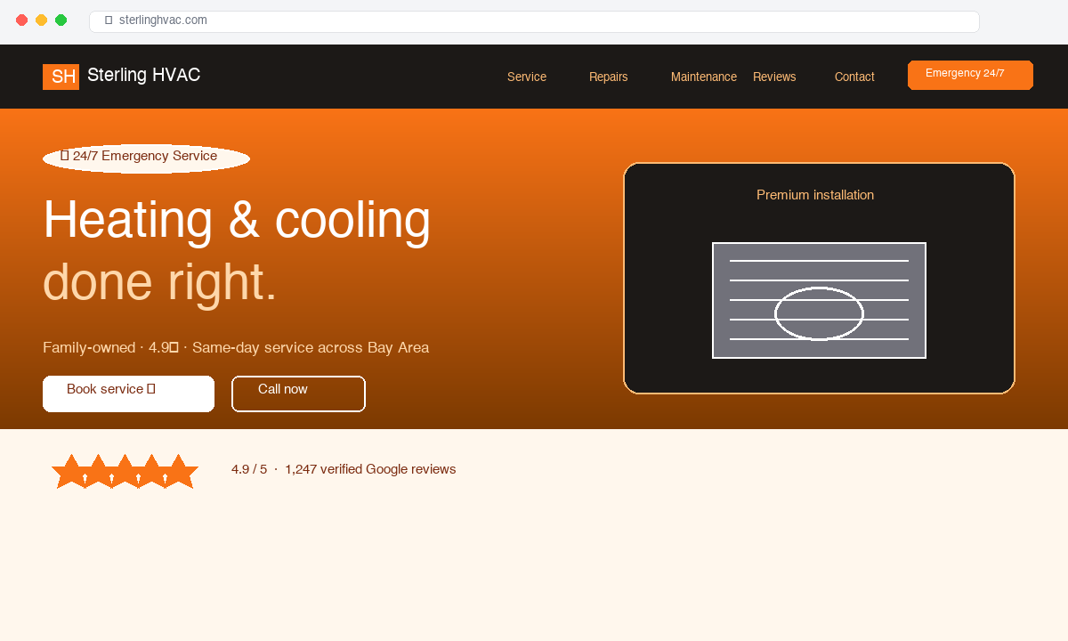 Sterling HVAC home services website mockup