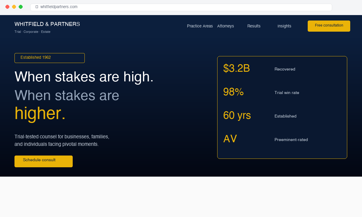 Whitfield & Partners legal website mockup