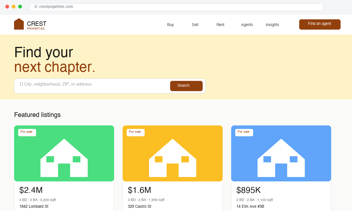 Crest Properties real estate website mockup