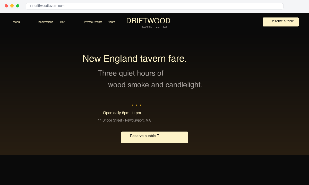 Driftwood Tavern restaurants website mockup