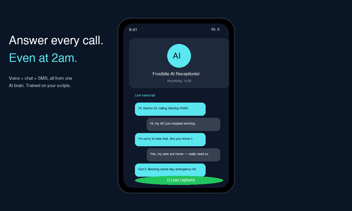 AI Receptionist — Answer every call. Even at 2am.